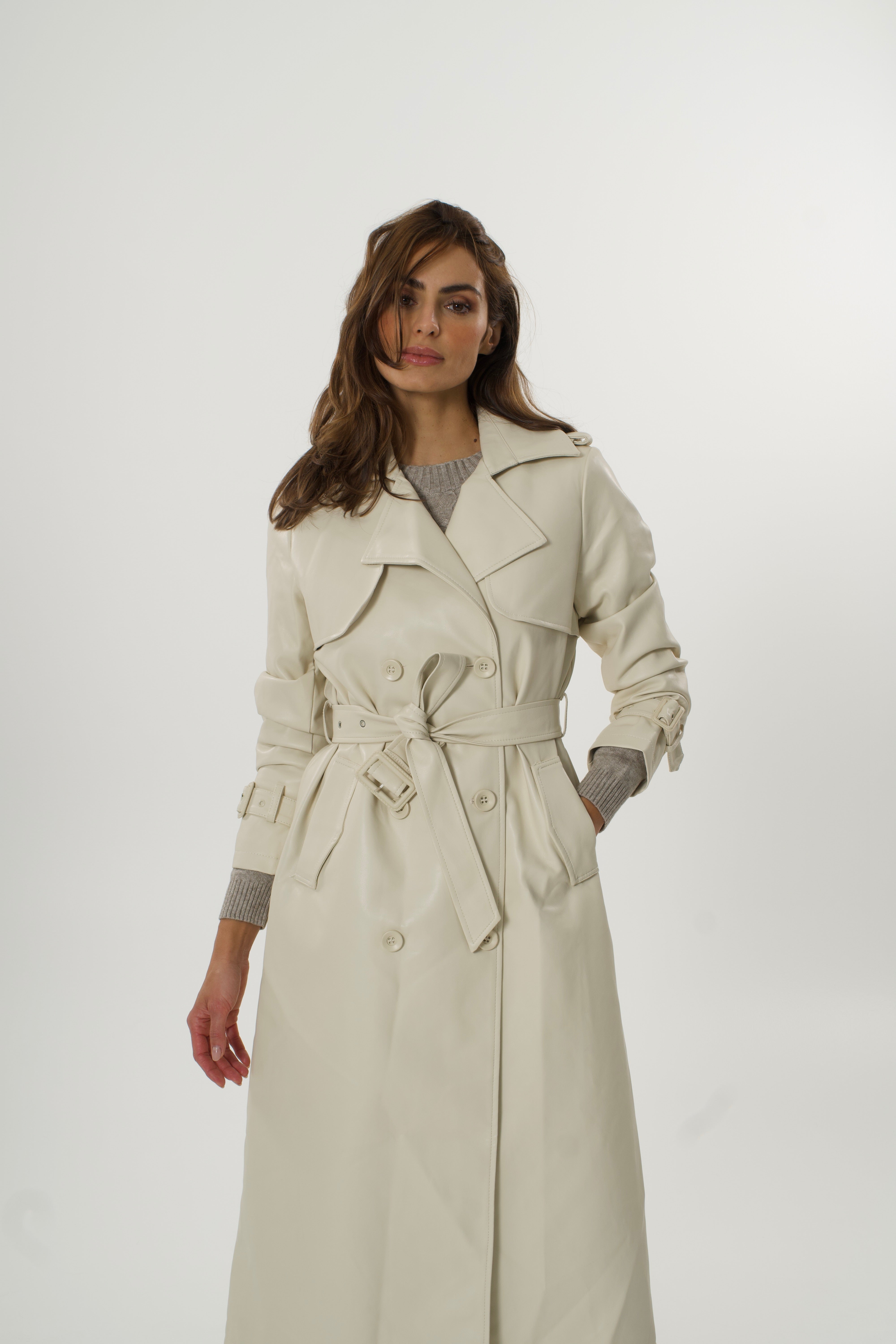 Trench kaput od umjetne kože – Pearl beige power look