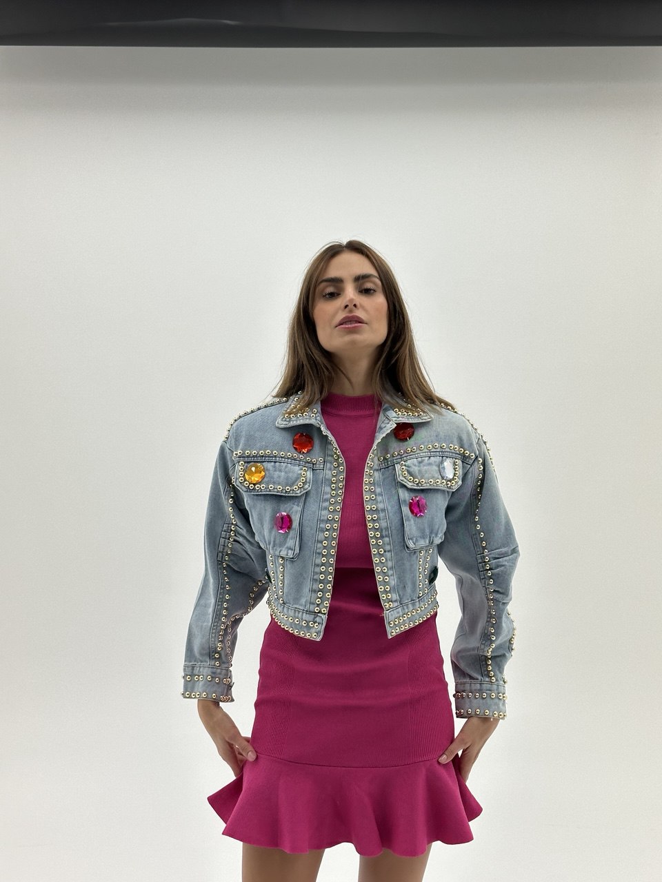 Kratka traper jakna s kristalima – Statement Denim