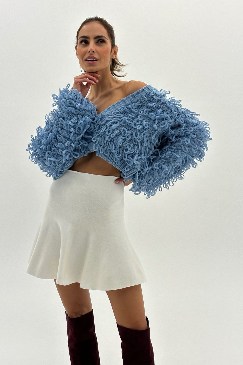 Plavi teksturirani off-shoulder džemper – Soft Statement knit