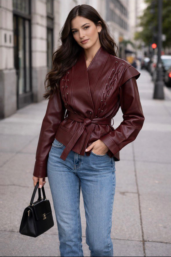 Bordo strukirana jakna od eko kože – Power Silhouette